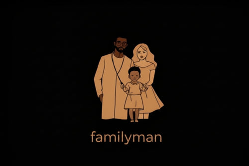 Illustration of a family with 'familyman' text on a black background